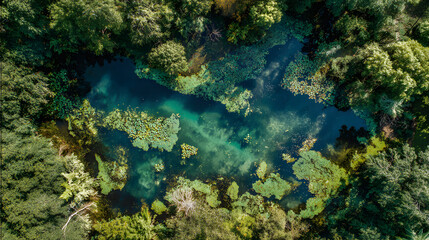 Aerial View of Serene Pond with Lush Aquatic Vegetation