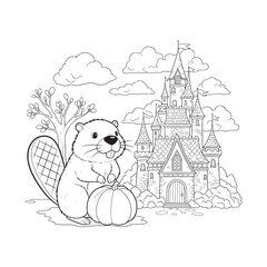 Cartoon Beaver Holding Pumpkin Near Fairytale Castle Black and White Illustration