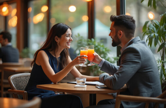Smiling business couple clink glasses with fresh orange juice at cafe. Man and woman enjoying coffee break. Colleagues after work in restaurant drinking beverages. People celebrate good deal.
