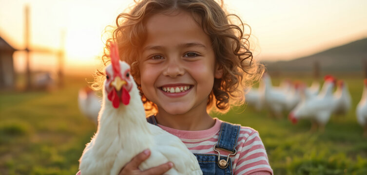 Happy girl smiles holding chicken farm. Young child learning about agriculture. Cute kid smiles at camera. Farming, nature, animal concept. Sunset farm background, countryside lifestyle.