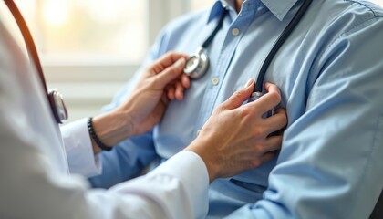 Doctor listening senior patient chest with stethoscope. Medical checkup of heart, lungs for respiratory health. Healthcare, senior care, medical support, exam. Cardiologist, old person consultation.