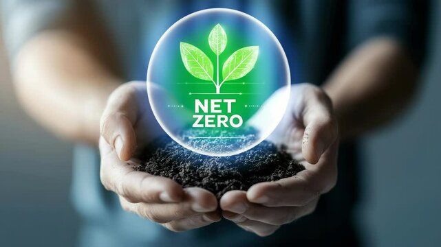 Net zero sustainability goals concept. Hands Holding Soil with Green Leaves Symbolizing Net Zero Environmental Goals and Sustainability Efforts