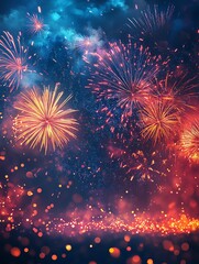 Fototapeta premium Vibrant fireworks explode in a night sky, creating a magical, celebratory scene. Perfect for holidays and festive occasions.