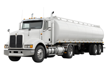 A detailed isolated shot of a white fuel tanker truck on a PNG  background, tanker, truck, fuel, oil, transportation, vehicle, delivery, industry, commercial, diesel, gasoline, transport, tank, trail