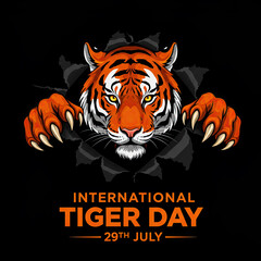 Obraz premium International tiger day illustration with a fierce tiger breaking through a black background