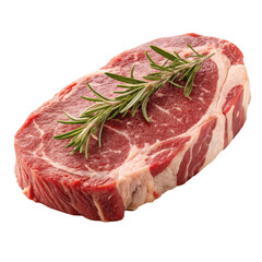 A raw ribeye steak with a sprig of rosemary is isolated on transparent background