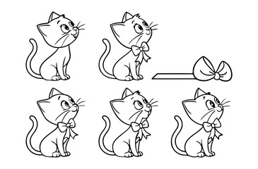 Cartoon Cats with Bows Black and White Line Art Illustrations for Coloring Pages This