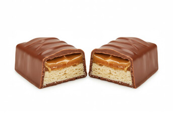 Caramel chocolate bar cut in half on a white background