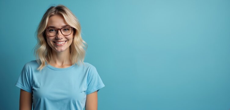 Attractive blond woman in blue t-shirt wears glasses. Smiling female model against blue background. Young, happy, stylish, confident person. Ophthalmologist, vision concept, eye care.