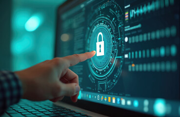 Naklejka na ściany i meble Hand touches lock icon on laptop screen. Data protection concept. Modern digital security, internet safety, online privacy, cybersecurity. Man using computer, secure access system.