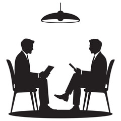 Job interview silhouette icon with two businessmen talking at table graphic isolated on white background.