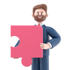 3D illustration of bearded american businessman Bob connecting puzzle elements.Transparent Background Mockup.Supports PNG files with transparent backgrounds.