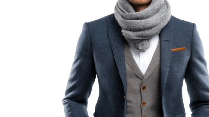 Fashion consultant in trendy businesswear, accessorized with scarf, torso only, white background, PNG