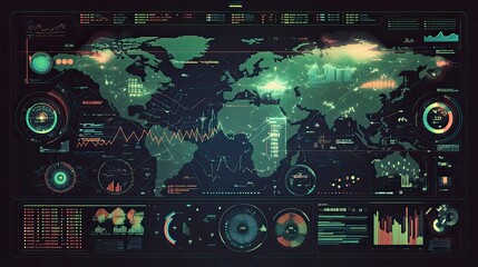 Futuristic world map dashboard with data visualization