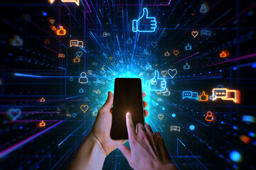 Man touches phone in virtual space. Concept of social media marketing, internet advertisement, e-commerce, global internet, network connection, new feedback, reply chat and smm strategy.