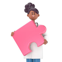 3D illustration of Female Doctor Juliet connecting puzzle elements.Transparent Background Mockup.Supports PNG files with transparent backgrounds.