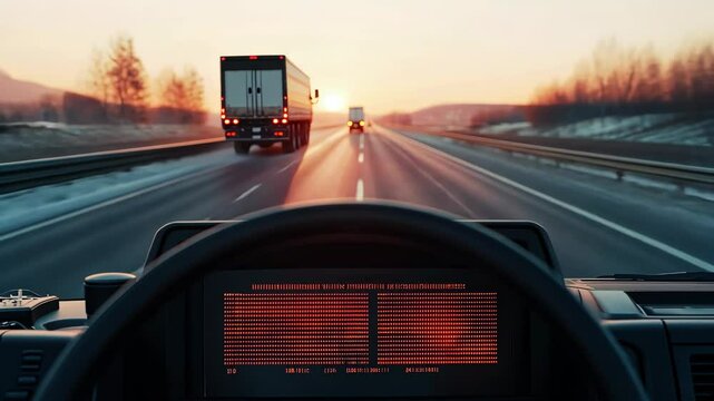 Scenic view from the cabin of an electrical car truck driving down a highway during a beautiful sunset with orange hues.