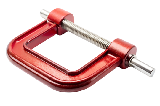 Close up view of a red steel c clamp showing thread screw and details isolated on black, c clamp, clamp, red, steel, tool, hardware, metal, equipment, carpentry, construction, industrial, workshop, di