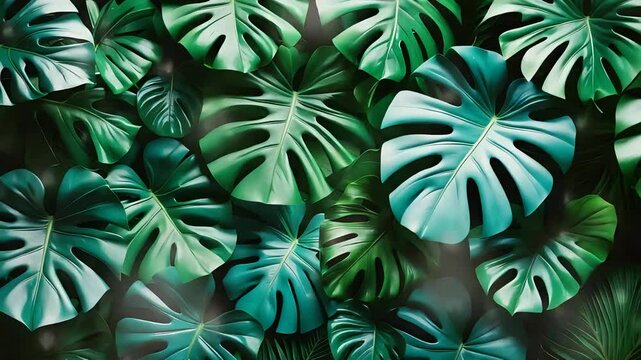 Lush tropical monstera leaves in vibrant green tones creating a seamless natural jungle foliage pattern background in daylight

