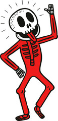 Dancing skeleton man in a red costume with a creepy skull head. Halloween, Day of the Dead, holiday, party, fun concept.