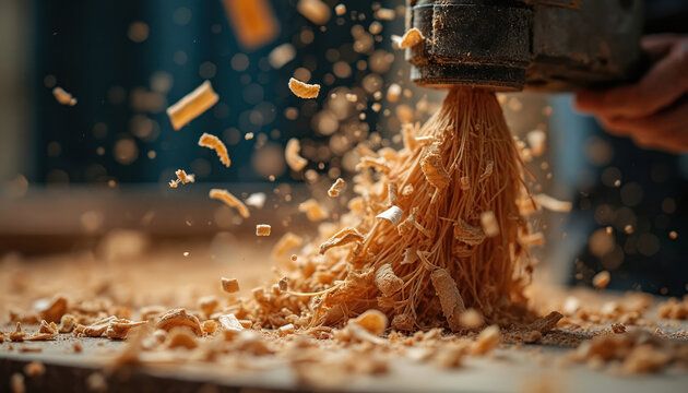 Close-up woodworking process. Flying wood shavings from cutting tool in carpenter shop. Dynamic process. Woodworking art, craftsmanship, joinery, carpentry, timber processing. Sawdust. Workshop