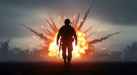 Fototapeta premium Lone soldier standing in front of a massive fiery explosion