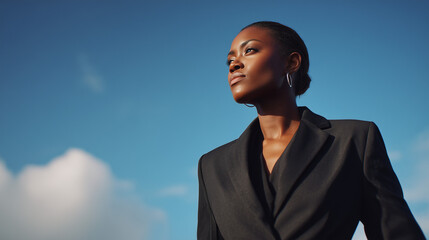 Confident employee looking forward with determination and focus. Captures professionalism, ambition, and self-assurance in a modern workplace setting.