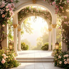 Fototapeta premium Elegant floral archway wedding ceremony garden venue photography romantic atmosphere outdoor love