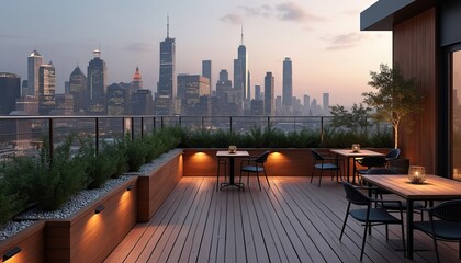 Modern rooftop terrace offers city skyline view, featuring furniture, table chairs, plants, ambient lighting. Urban landscape setting with design elements, wooden flooring, serene evening atmosphere.