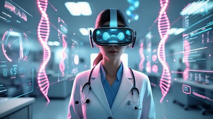 Female doctor wearing virtual reality headset with DNA helix graphics in futuristic medical laboratory with digital interface

 - Powered by Adobe