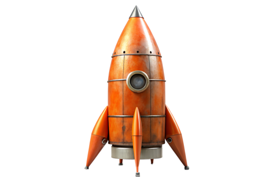 Retro orange rocket ship isolated on PNG background ready for outer space exploration, rocket, spaceship, retro, vintage, space, exploration, travel, craft, future, science, technology, orange, rust, 