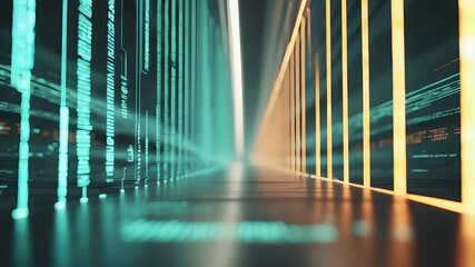 Futuristic data corridor with glowing lines and digital code projections in neon cyan and amber light effects perspective
- Powered by Adobe