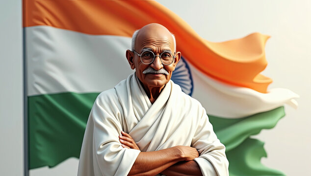 Portrait of mahatma gandhi against the backdrop of the indian national flag.