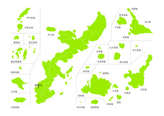 日本の沖縄県の行政区分付き地図
