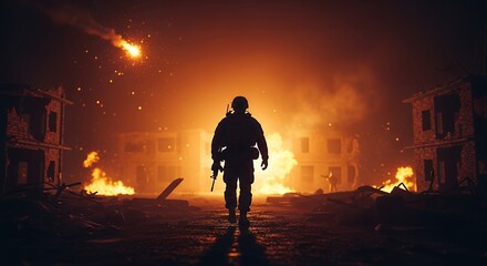 Soldier walking down ruined street at night with fires burning