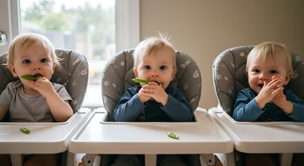 Adorable Triplets Enjoying Healthy Snack of Peas