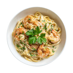 A realistic image of a plate of shrimp Alfredo pasta served on a dark, ridged ceramic plate. The linguine pasta is neatly twirled, coated in creamy Alfredo sauce, and topped with large, pink shrimp.