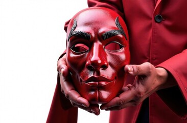 Hands in red costume holding red diabolical mask for carnival. Venice carnival. Halloween. White background 