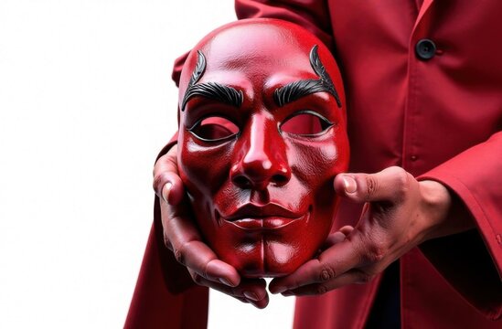 Hands in red costume holding red diabolical mask for carnival. Venice carnival. Halloween. White background 