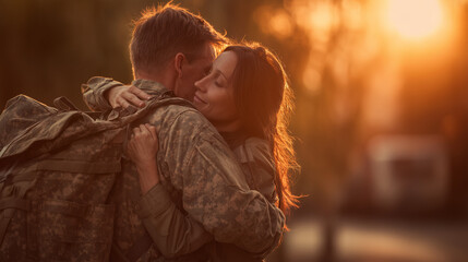 A soldier embracing his wife in a heartfelt moment. Captures love, reunion, sacrifice, and emotion with powerful human connection and military family life.