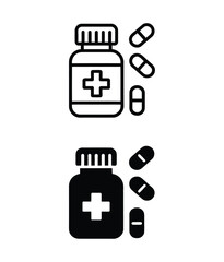 Obraz premium medical icon set showing outline and solid style pill bottle illustrations for healthcare, pharmacy, treatment and medicine themes