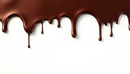 Rich glossy chocolate dripping against a clean white backdrop for food and dessert concepts