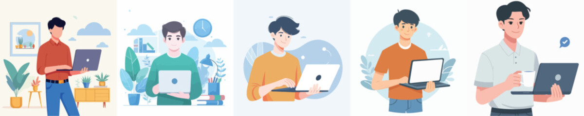 young man character vector holding laptop
