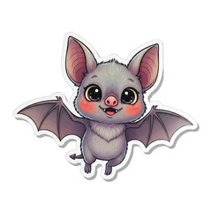  Tiny bat character flapping wings, wide eyes and rosy cheeks, designed as a die-cut sticker, vector