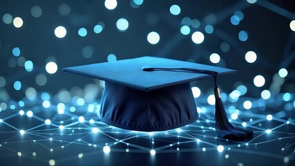 Graduation cap on digital glowing network grid with futuristic bokeh lights in education technology concept background

 - Powered by Adobe