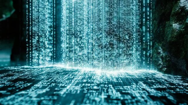 Digital waterfall with glowing binary code cascading in a dark environment