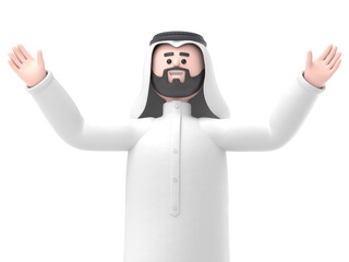 3D illustration of smiling Arab man Hadi is superstar.Transparent Background Mockup.Supports PNG files with transparent backgrounds.