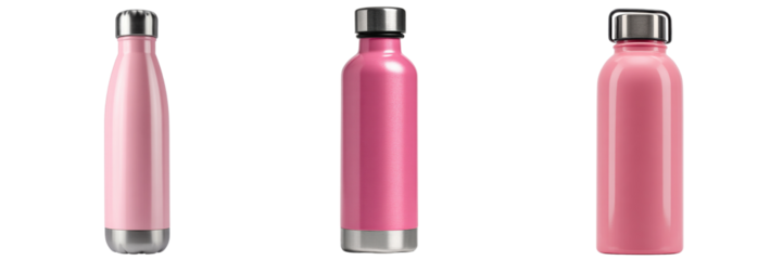 Set of pink colour stainless steel bottle isolated on a transparent background