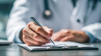 Fototapeta premium Close-up of Doctor Writing Medical Notes with Patient's Hand in Clinical Setting