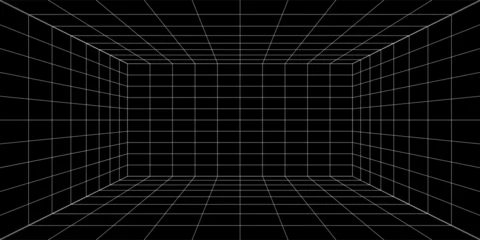Fototapete Schwarz Futuristic perspective grid box. Abstract wireframe with white grid line on black background. Virtual reality landscape in 80s 90s digital style. Vector illustration.  © HASIP